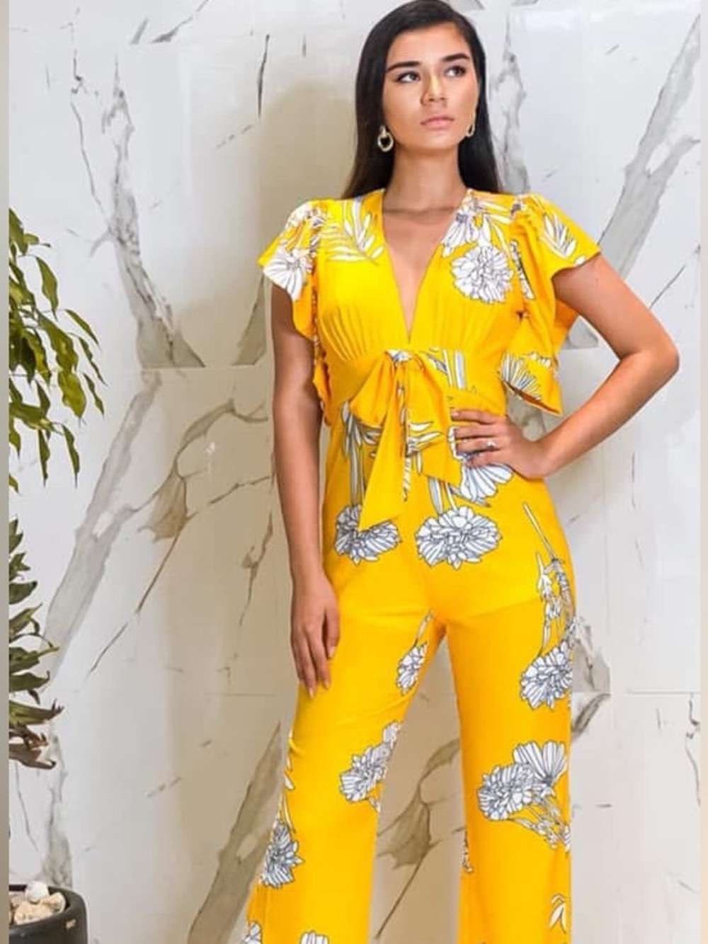 Banjul Yellow Floral Tie-Front Wide-Leg Jumpsuit